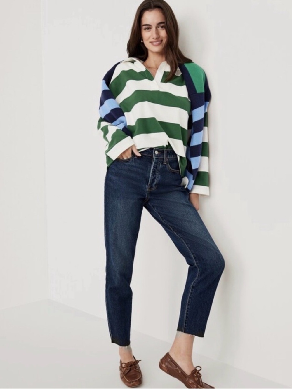 Old Navy Lightweight Striped Rugby Polo Shirt - Green & White